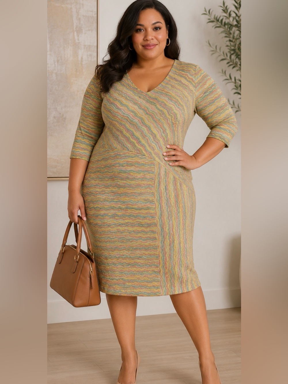 LONDON TIMES PLUS SIZE 14W MULTICOLOR WAVE PRINT MIDI DRESS  V-NECK STRETCH NWT